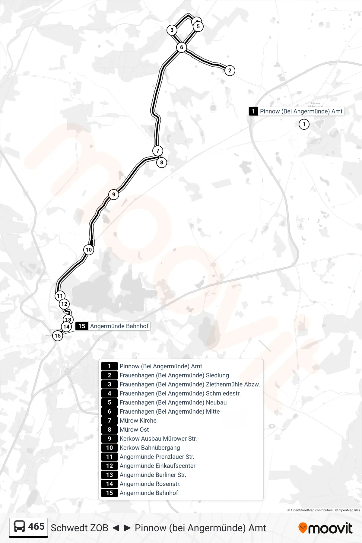 Linie 465 (Bus) Richtung Angermünde Bahnhof: Route und Haltestellen auf der Karte