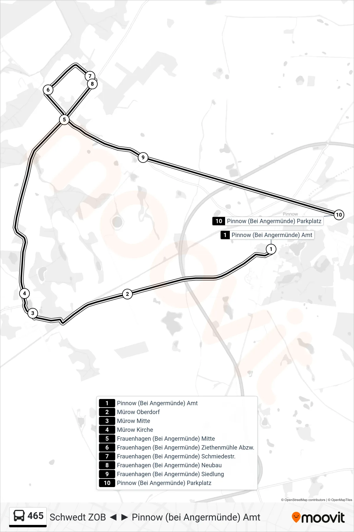 Linie 465 (Bus) Richtung Pinnow (Bei Angermünde) Parkplatz: Route und Haltestellen auf der Karte