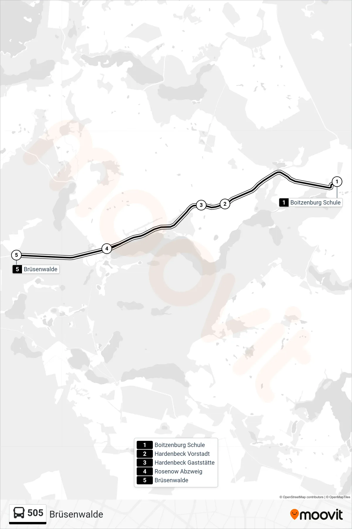 505 bus Line (Brüsenwalde) route and stops on a map