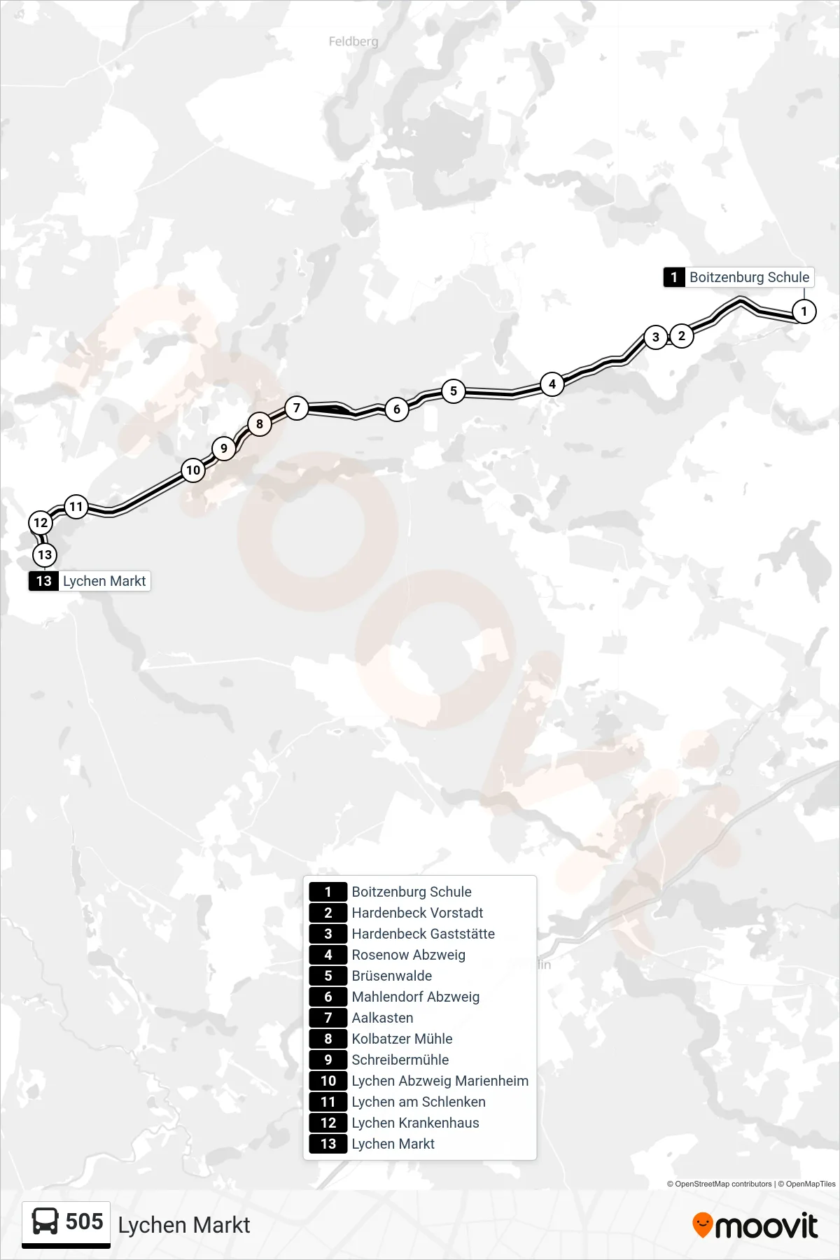 Linie 505 (Bus) Richtung Lychen Markt: Route und Haltestellen auf der Karte