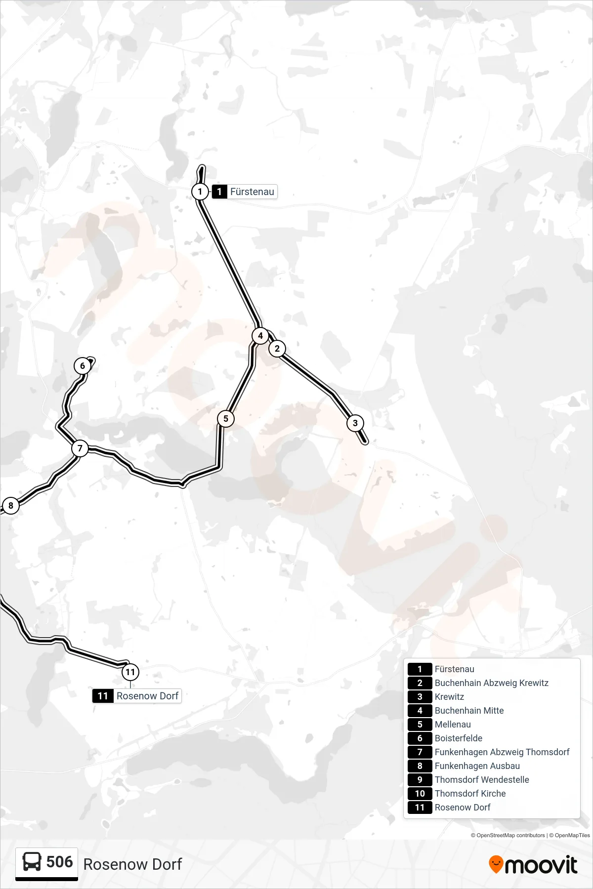 Linie 506 (Bus) Richtung Rosenow Dorf: Route und Haltestellen auf der Karte
