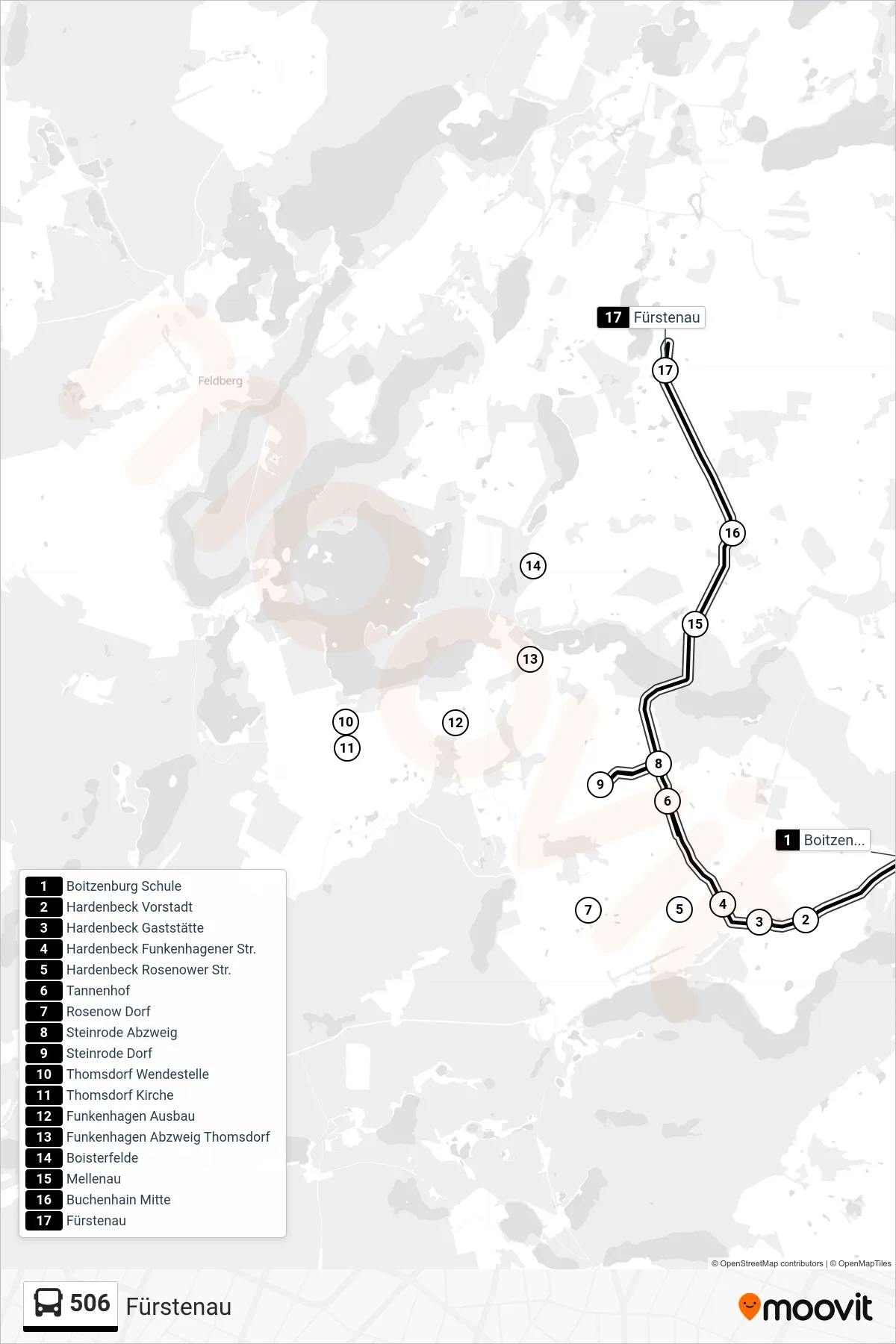 506 bus Line (Fürstenau) route and stops on a map