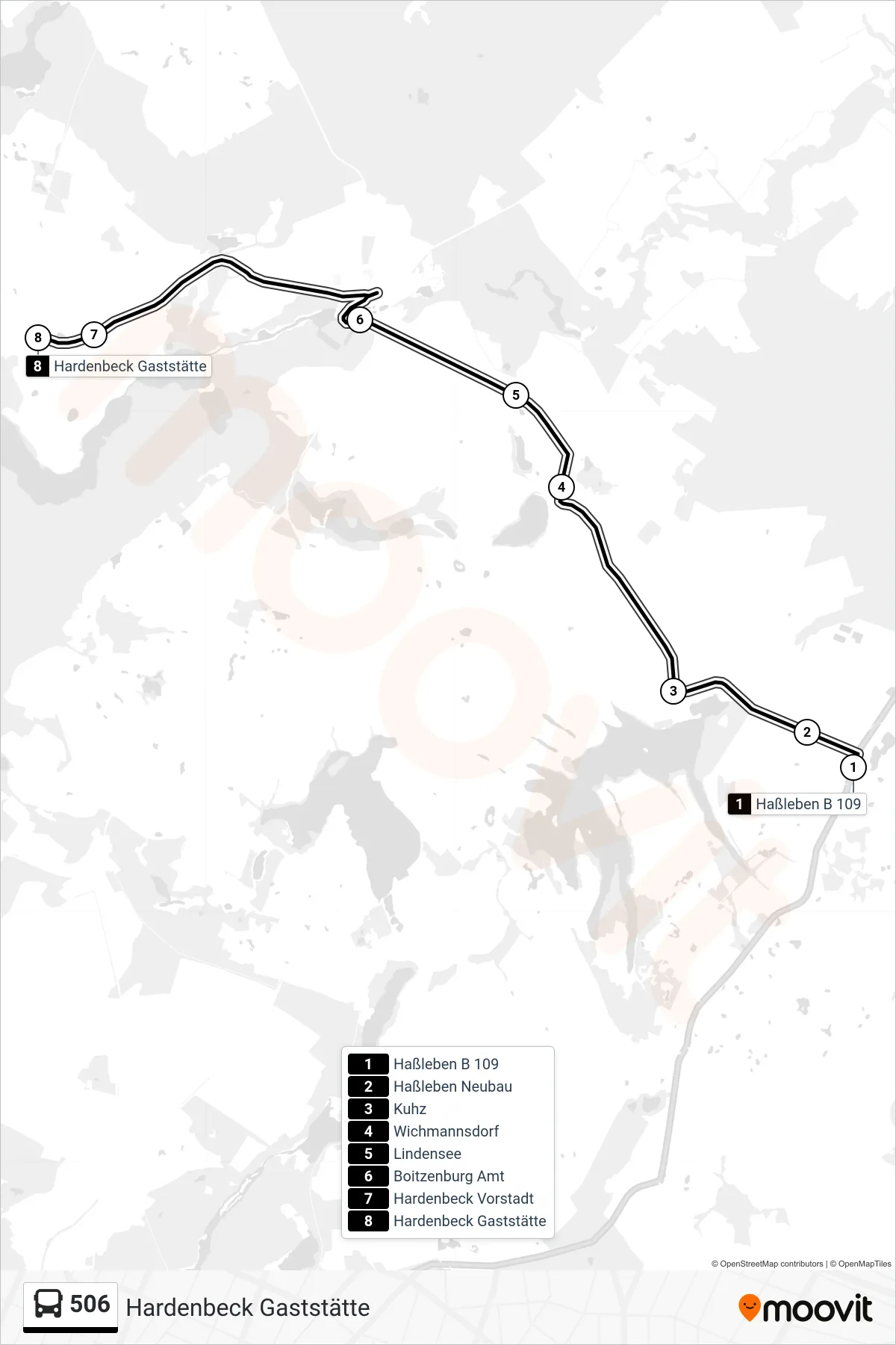 506 bus Line (Hardenbeck Gaststätte) route and stops on a map