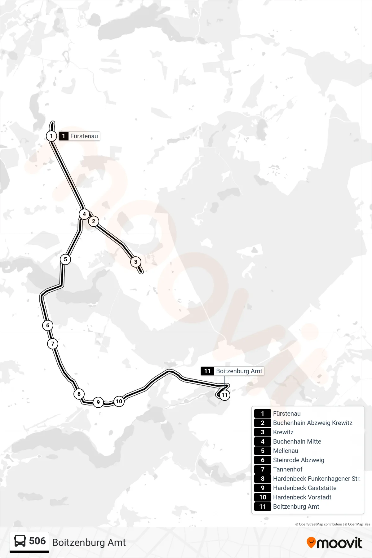 Linie 506 (Bus) Richtung Boitzenburg Amt: Route und Haltestellen auf der Karte