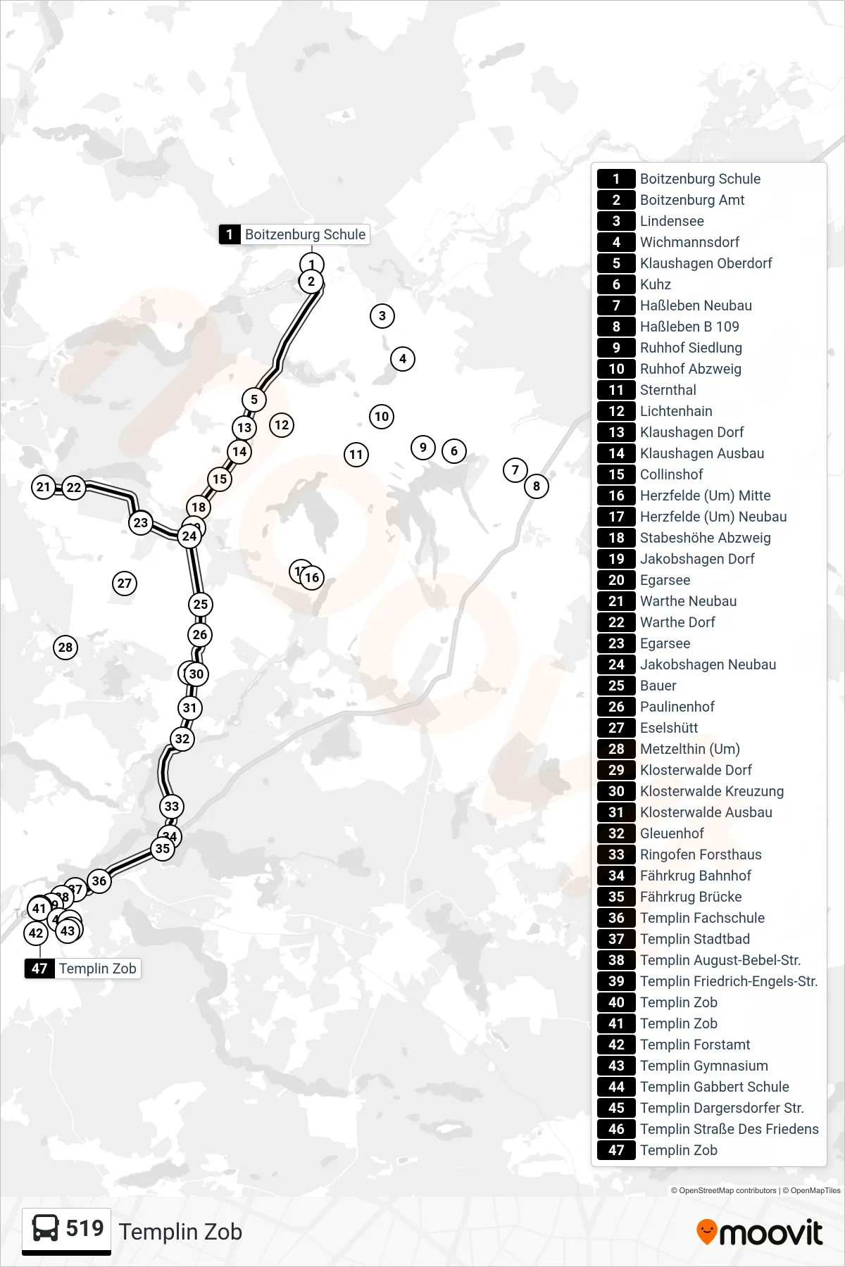 Linie 519 (Bus) Richtung Templin Zob: Route und Haltestellen auf der Karte