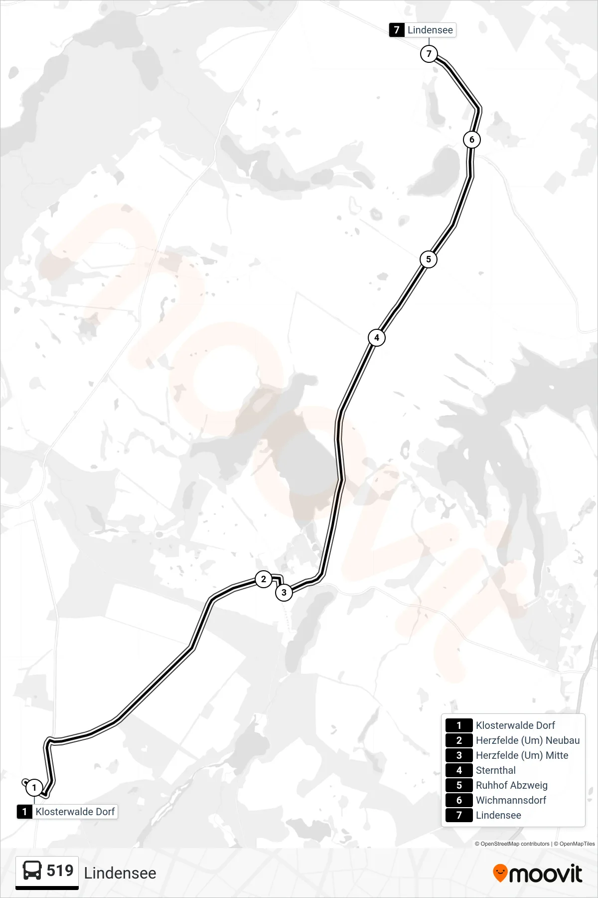Linie 519 (Bus) Richtung Lindensee: Route und Haltestellen auf der Karte