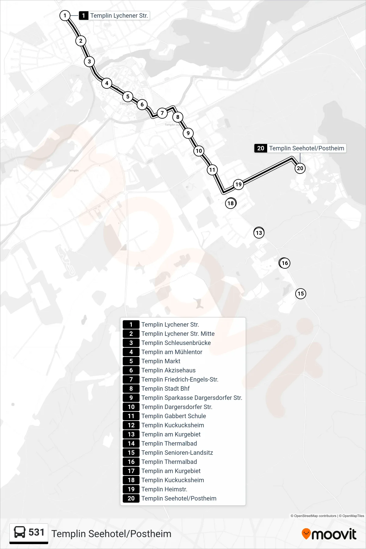 Linie 531 (Bus) Richtung Templin Seehotel/Postheim: Route und Haltestellen auf der Karte