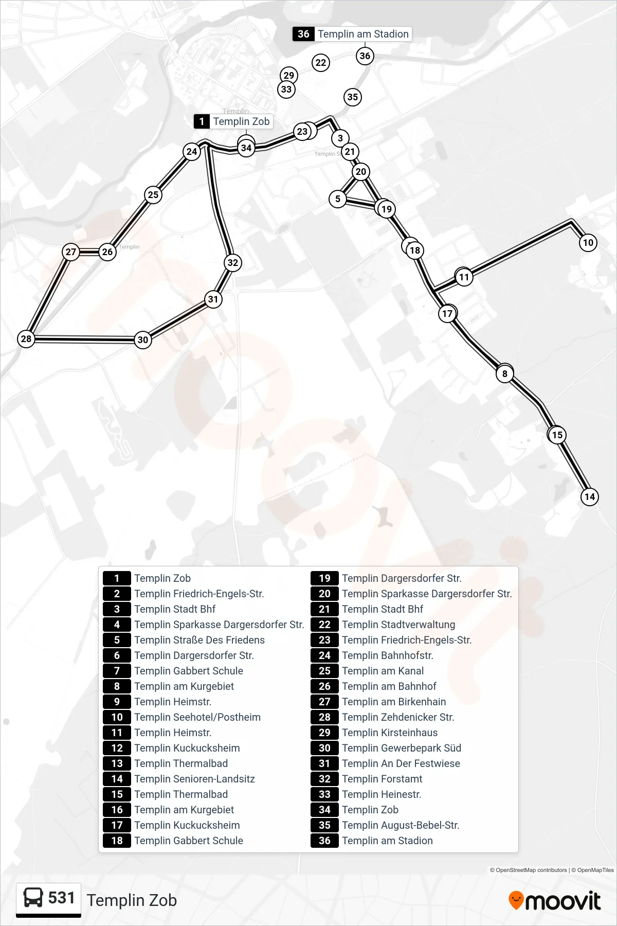 Linie 531 (Bus) Richtung Templin Zob: Route und Haltestellen auf der Karte