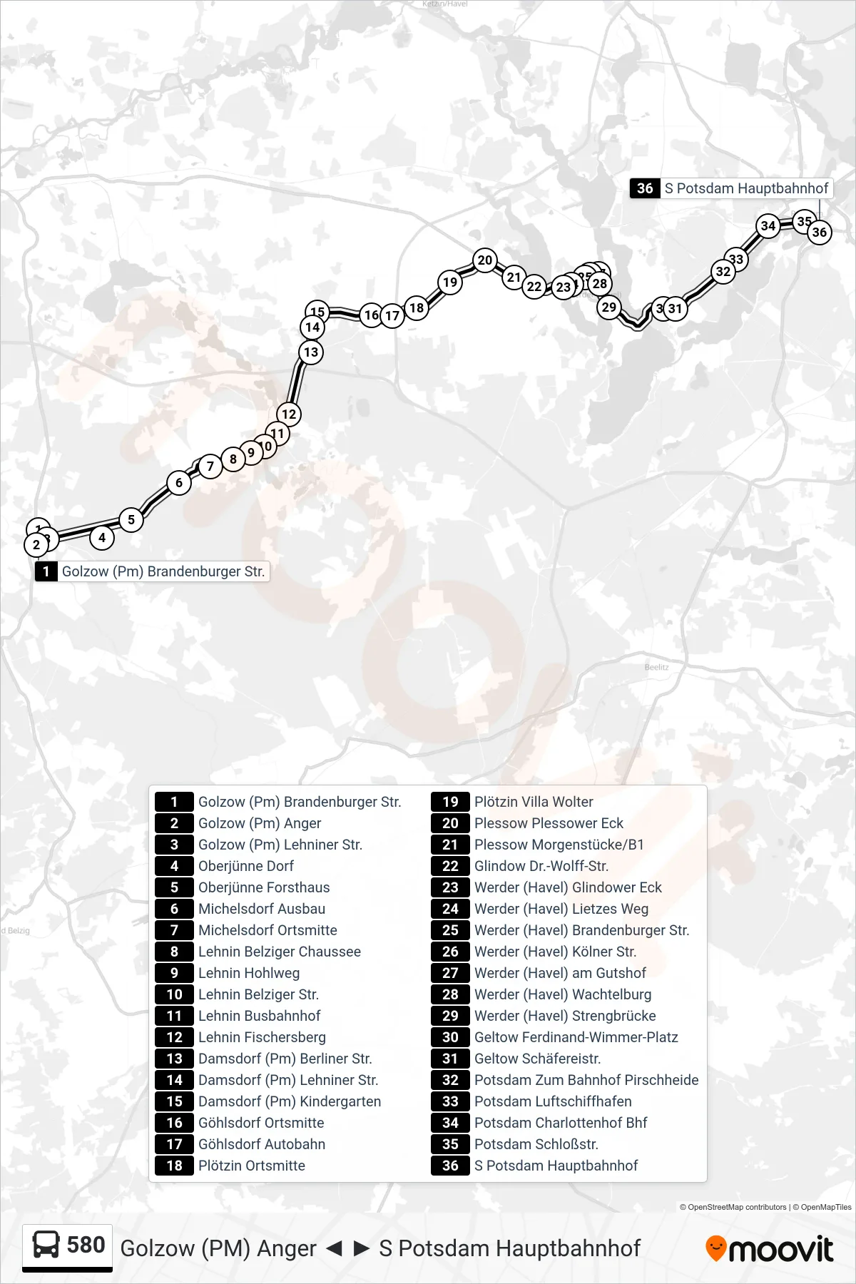 Linie 580 (Bus) Richtung S Potsdam Hauptbahnhof: Route und Haltestellen auf der Karte