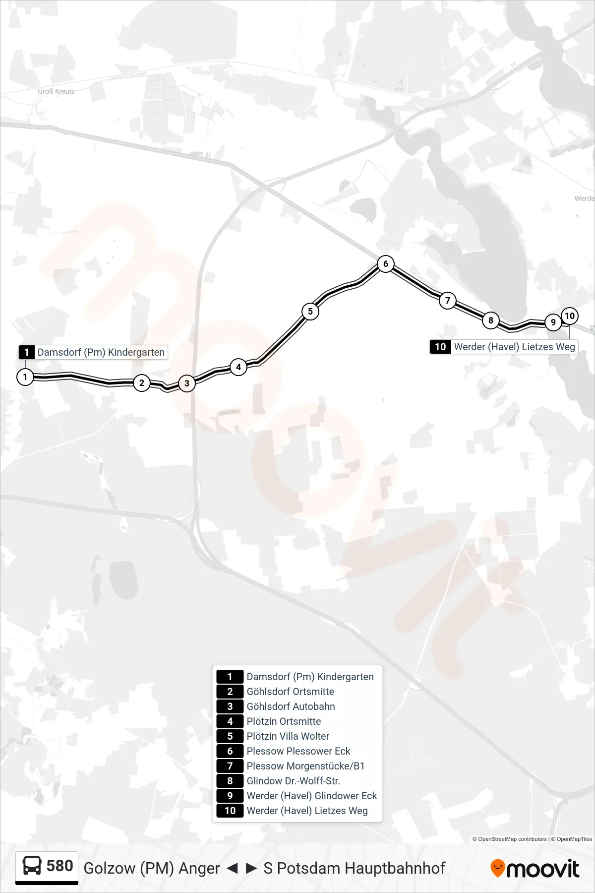 Linie 580 (Bus) Richtung Werder (Havel) Lietzes Weg: Route und Haltestellen auf der Karte