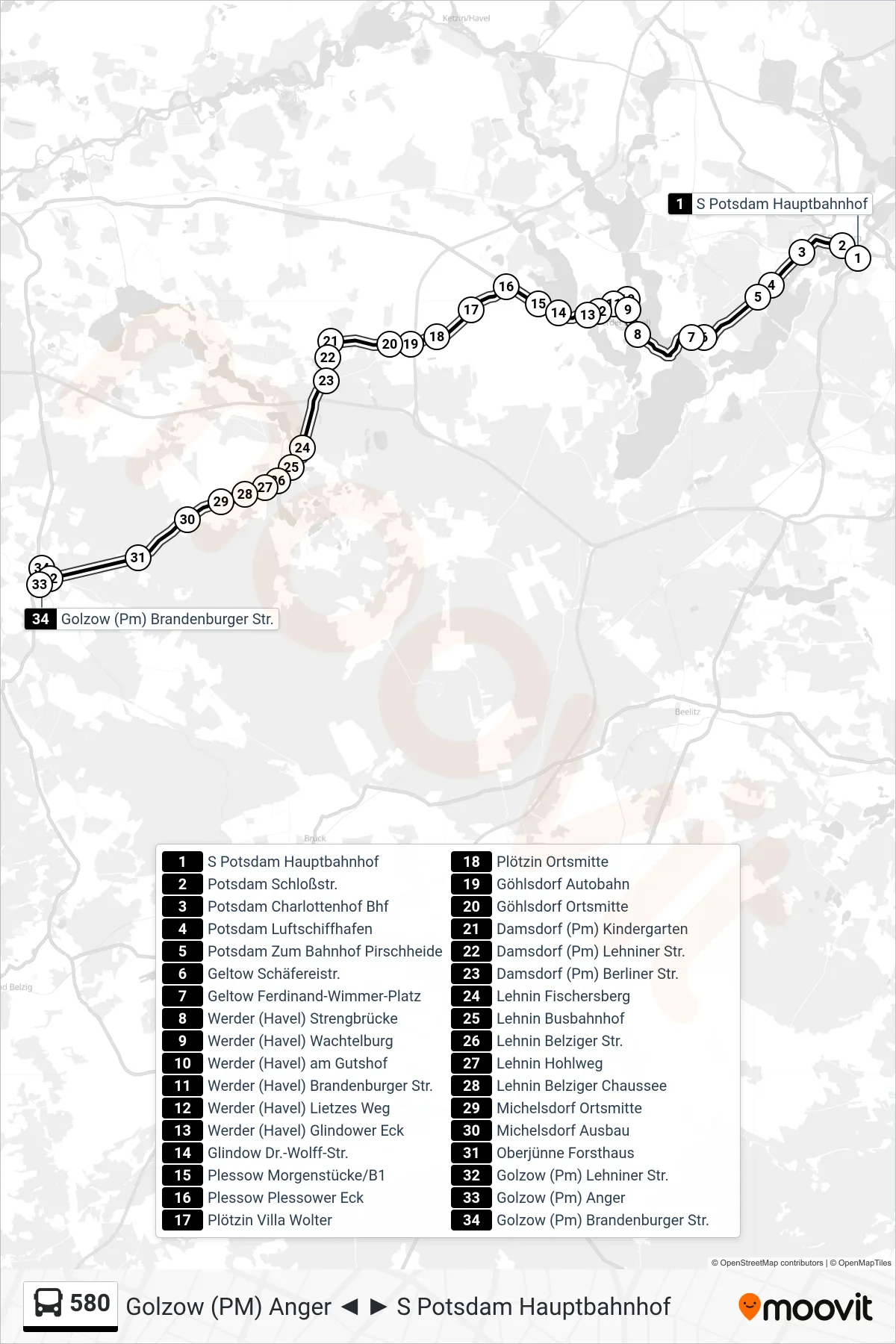 Linie 580 (Bus) Richtung Golzow (Pm) Brandenburger Str.: Route und Haltestellen auf der Karte