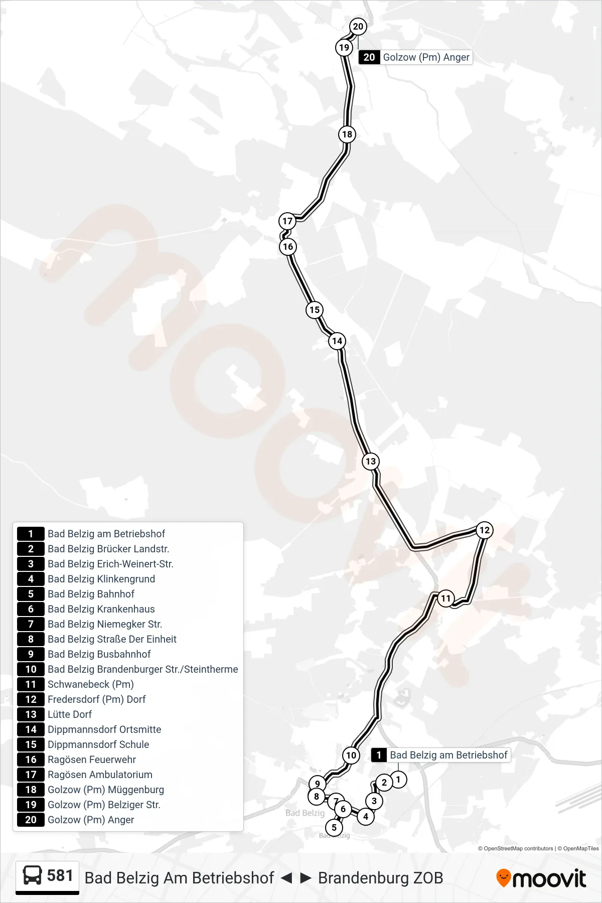 581 bus Line (Golzow (Pm) Anger) route and stops on a map