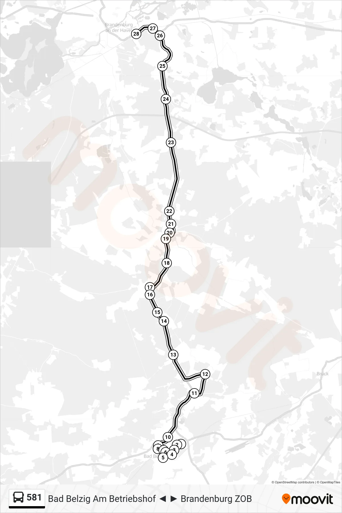 581 bus Line (Brandenburg Zob) route and stops on a map