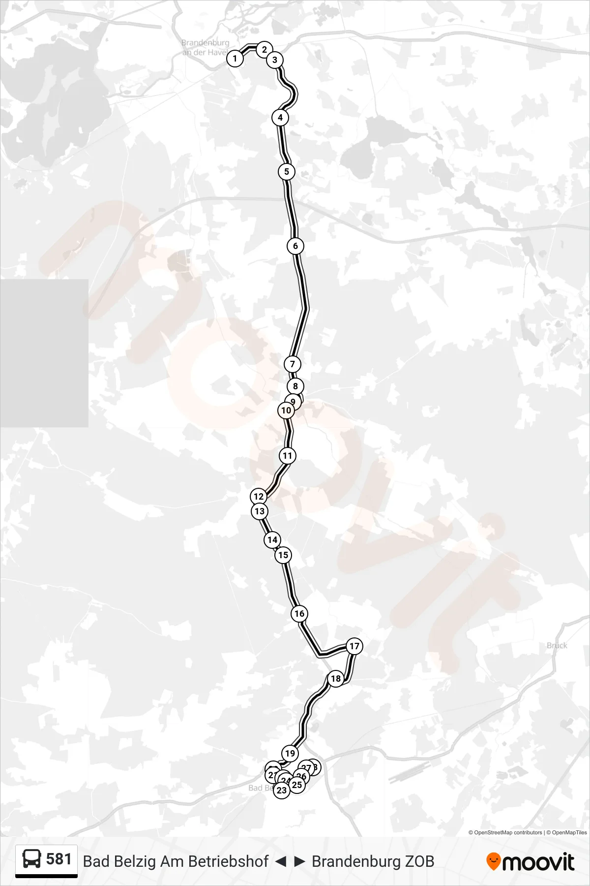 Linie 581 (Bus) Richtung Bad Belzig am Betriebshof: Route und Haltestellen auf der Karte