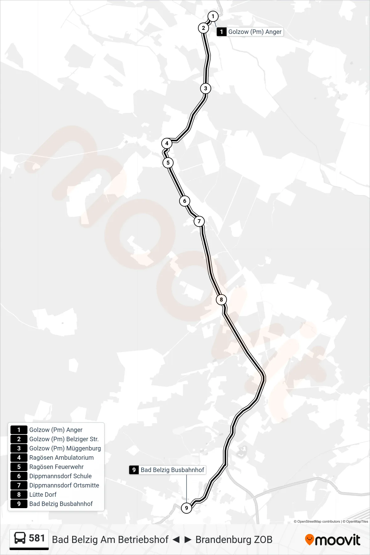 Linie 581 (Bus) Richtung Bad Belzig Busbahnhof: Route und Haltestellen auf der Karte