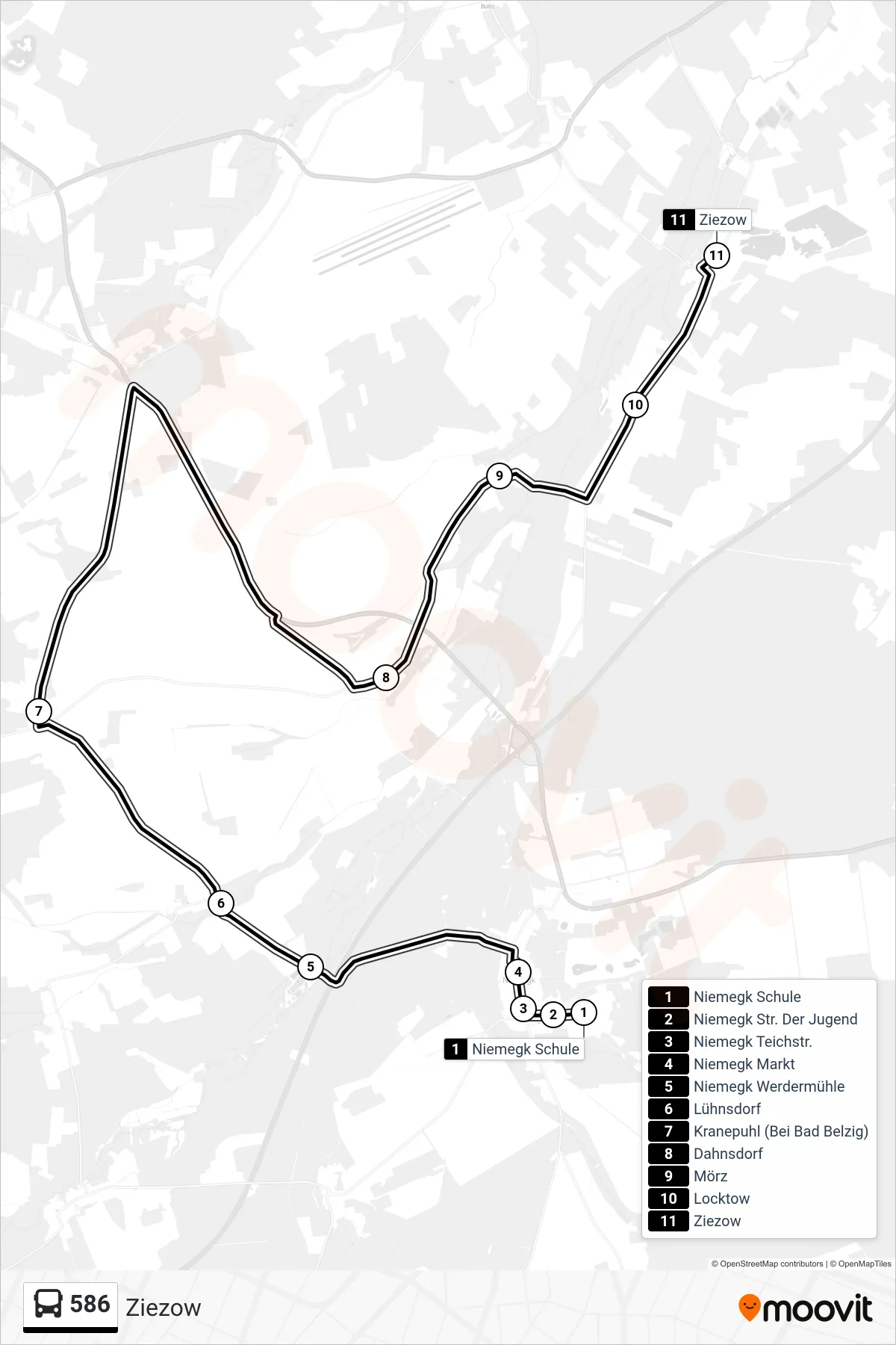 586 bus Line (Ziezow) route and stops on a map