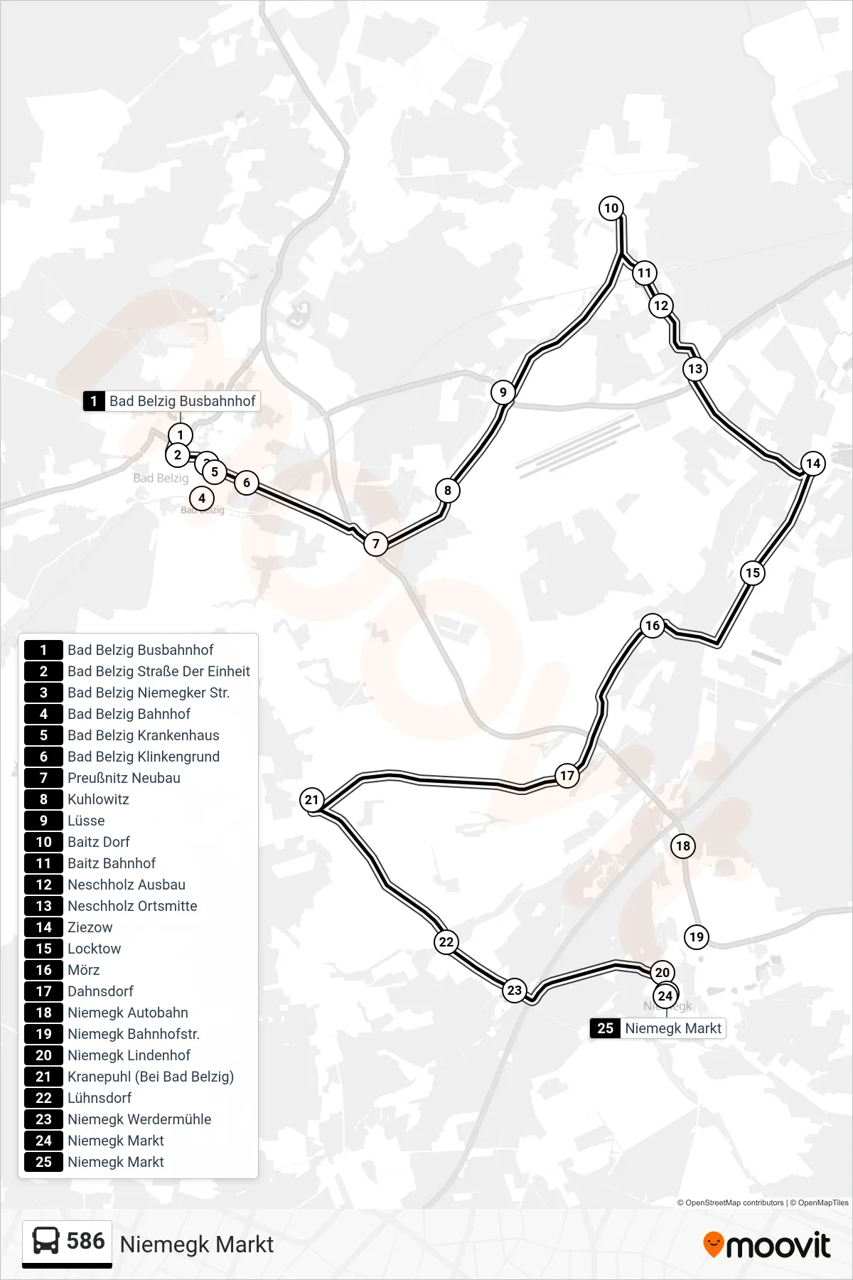 586 bus Line (Niemegk Markt) route and stops on a map
