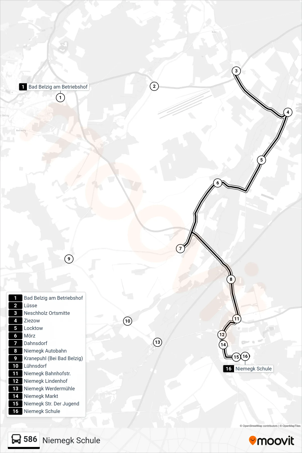 586 bus Line (Niemegk Schule) route and stops on a map