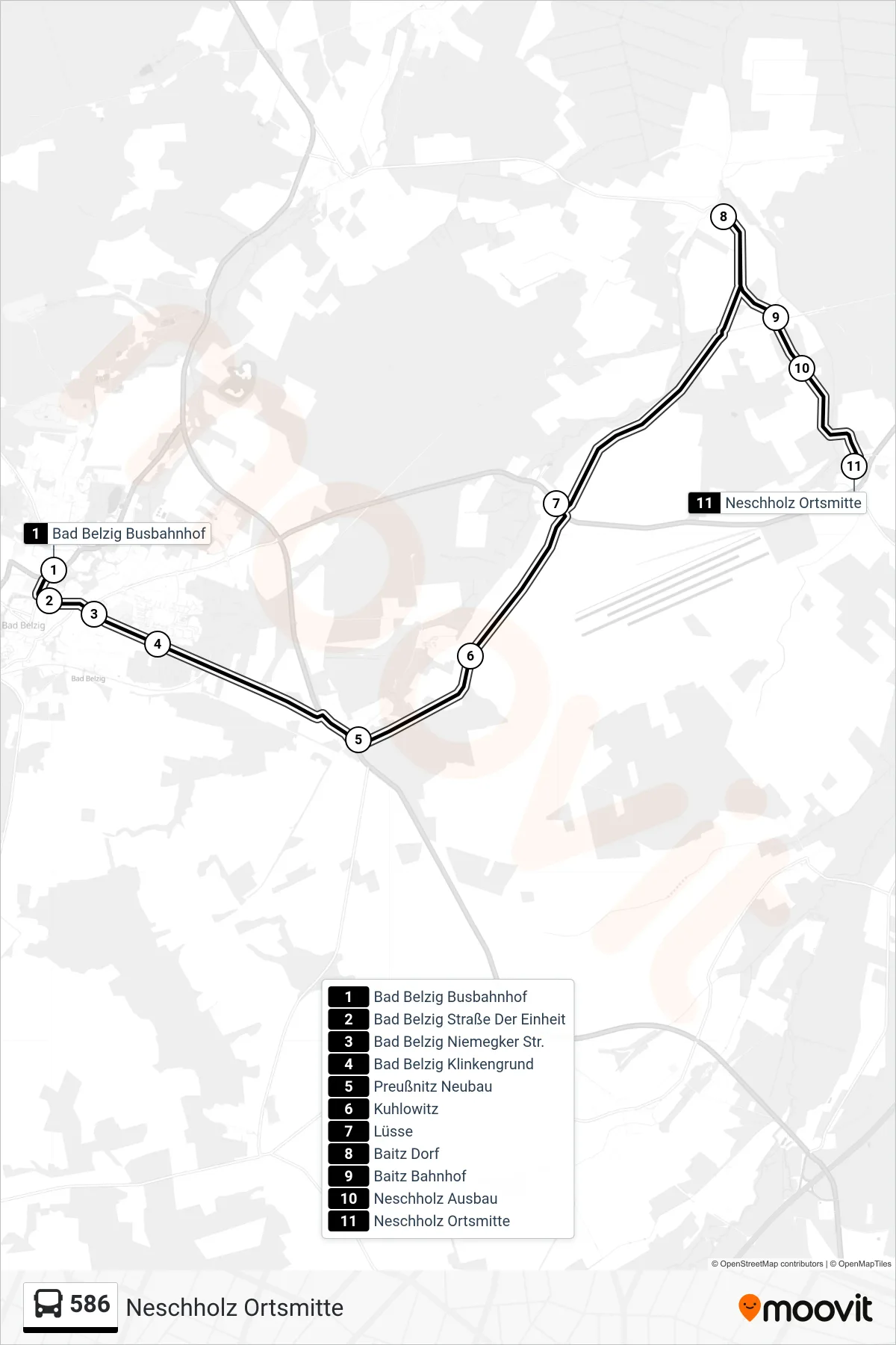 586 bus Line (Neschholz Ortsmitte) route and stops on a map