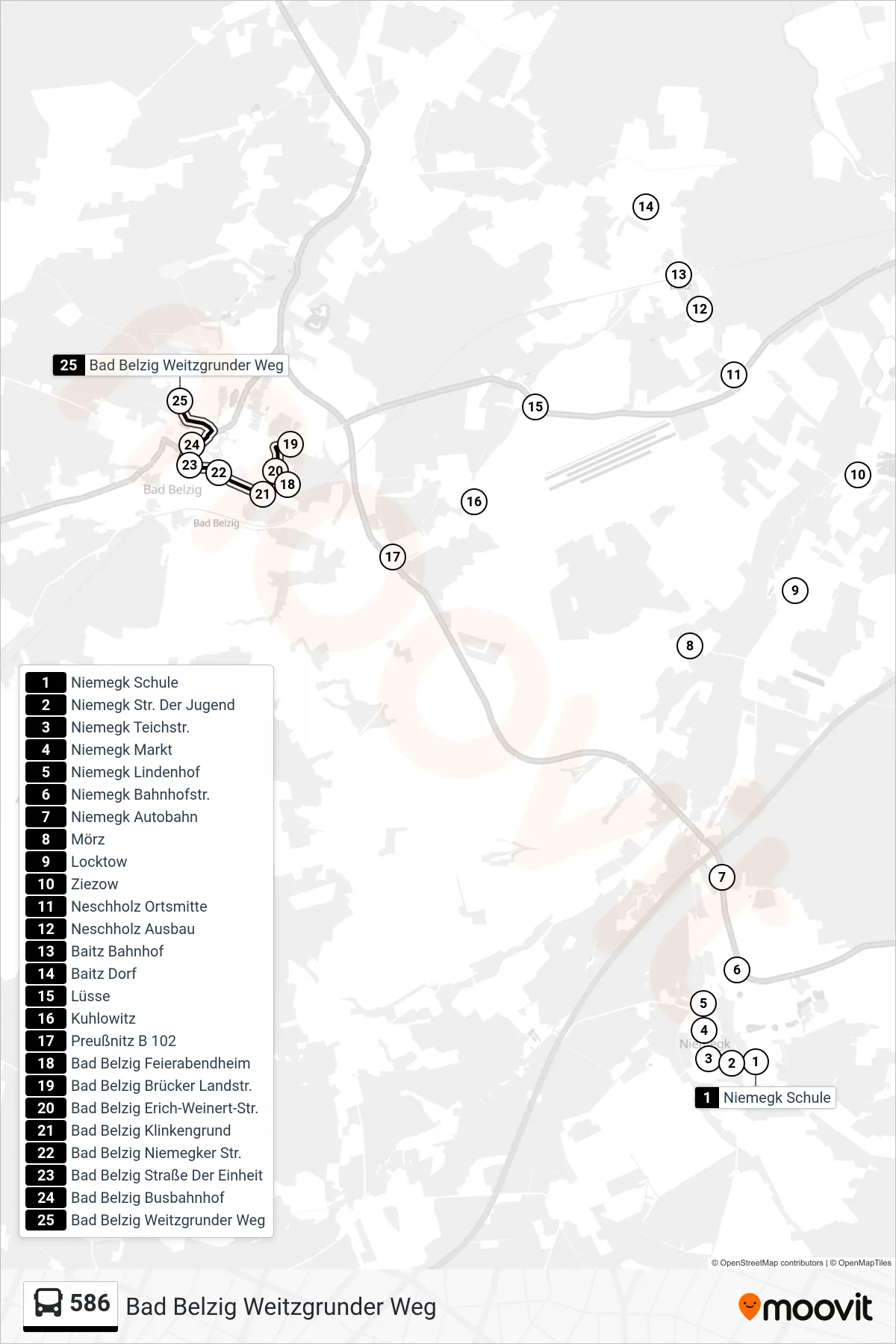 586 bus Line (Bad Belzig Weitzgrunder Weg) route and stops on a map