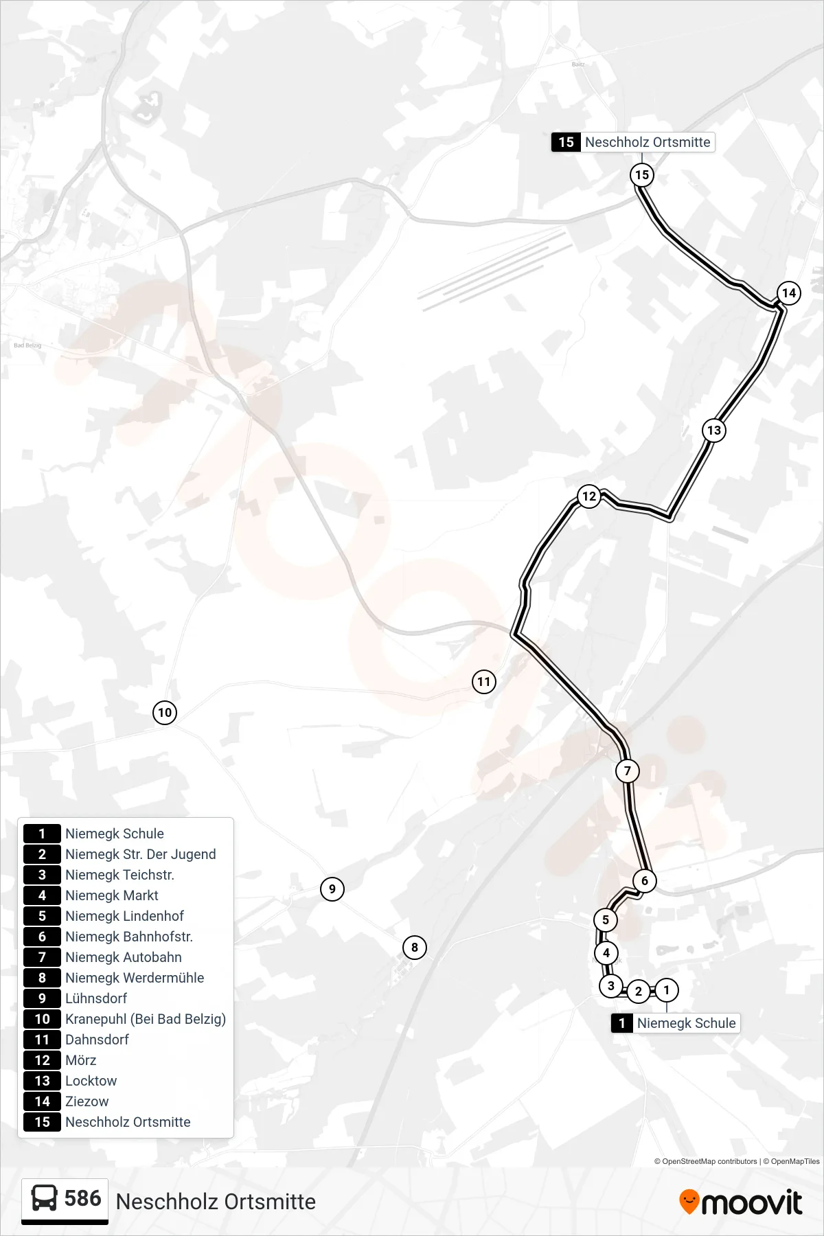 586 bus Line (Neschholz Ortsmitte) route and stops on a map
