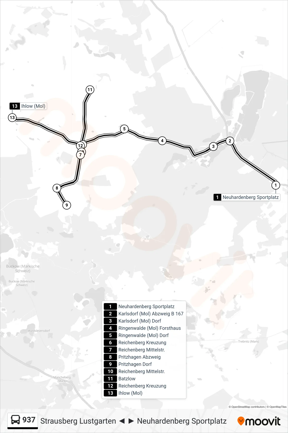 Linie 937 (Bus) Richtung Ihlow (Mol): Route und Haltestellen auf der Karte
