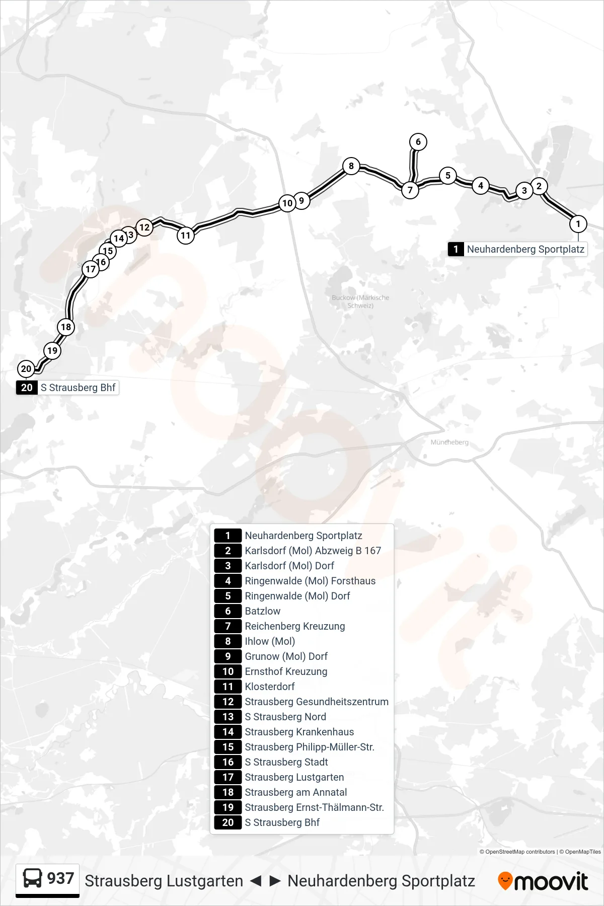 937 bus Line (S Strausberg Bhf) route and stops on a map