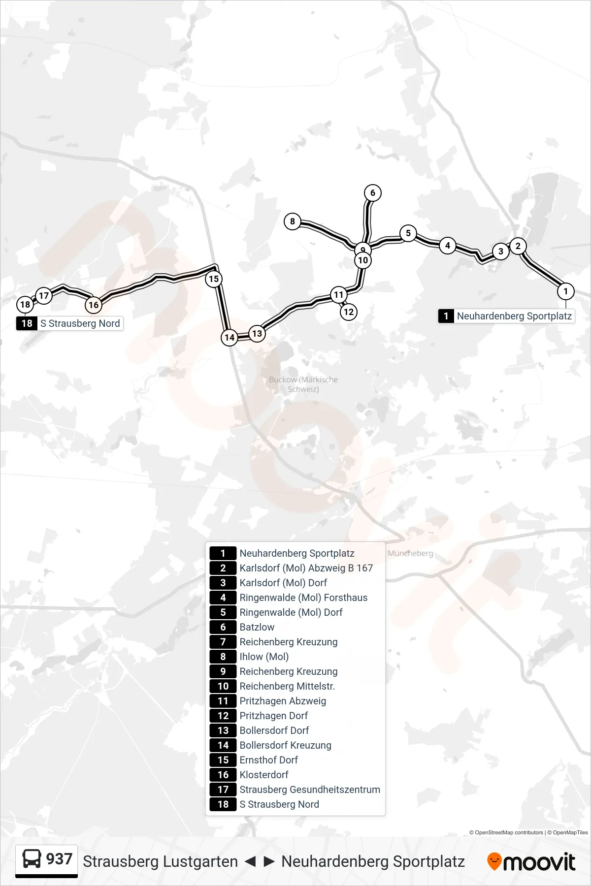 Linie 937 (Bus) Richtung S Strausberg Nord: Route und Haltestellen auf der Karte