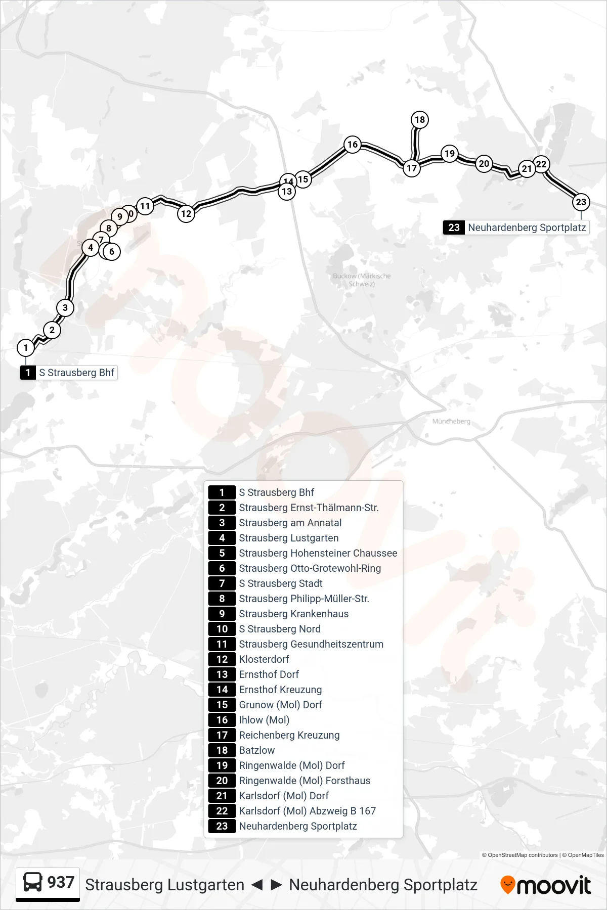 Linie 937 (Bus) Richtung Neuhardenberg Sportplatz: Route und Haltestellen auf der Karte
