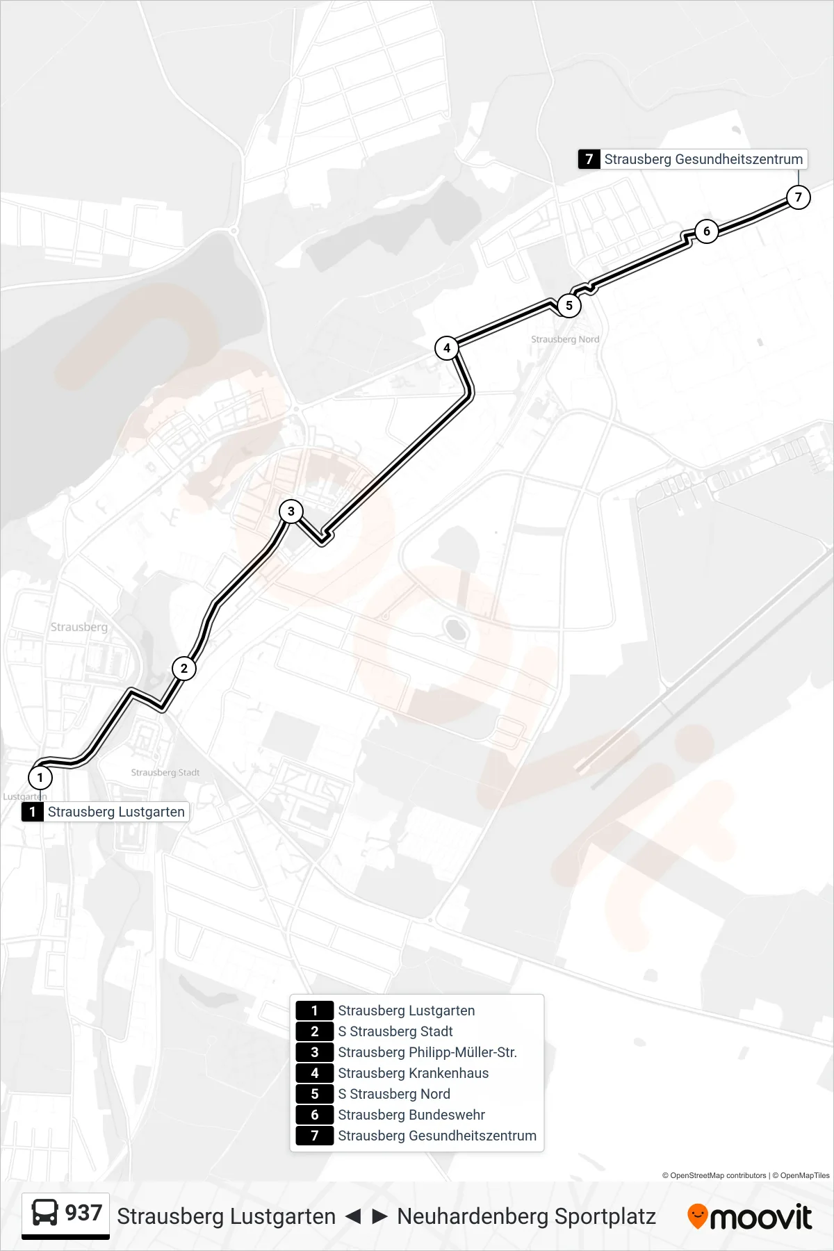 Linie 937 (Bus) Richtung Strausberg Gesundheitszentrum: Route und Haltestellen auf der Karte