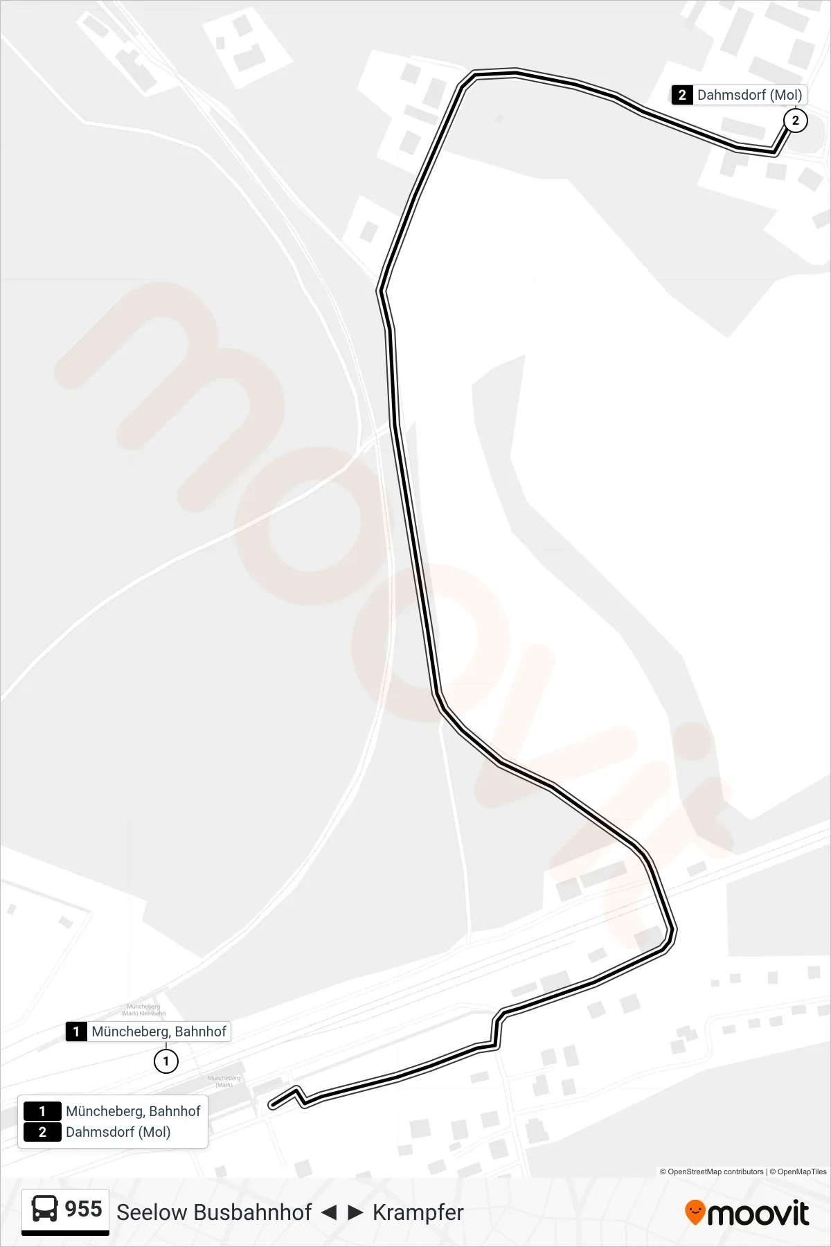 Linie 955 (Bus) Richtung Dahmsdorf (Mol): Route und Haltestellen auf der Karte