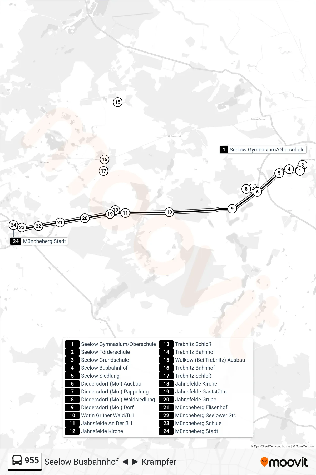 Linie 955 (Bus) Richtung Müncheberg Stadt: Route und Haltestellen auf der Karte