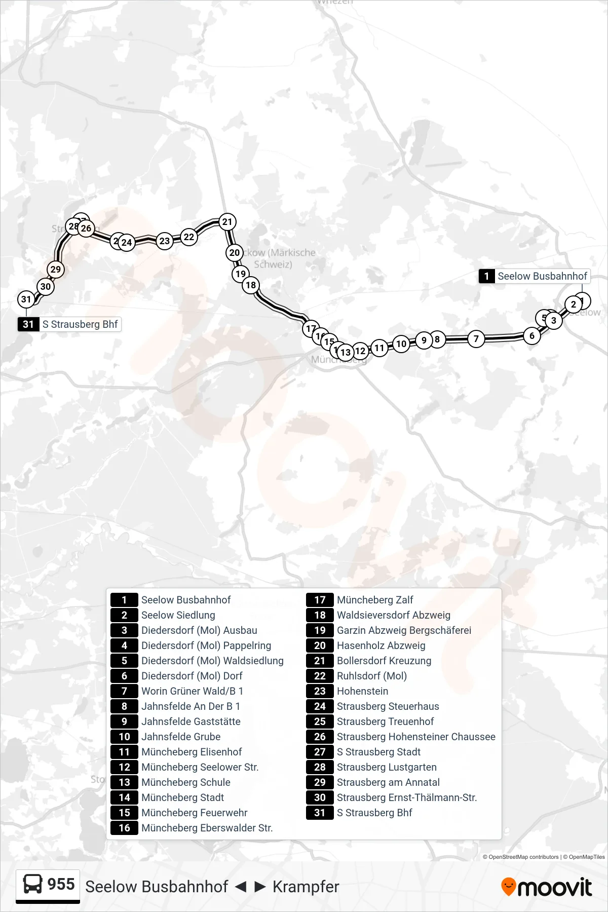 Linie 955 (Bus) Richtung S Strausberg Bhf: Route und Haltestellen auf der Karte