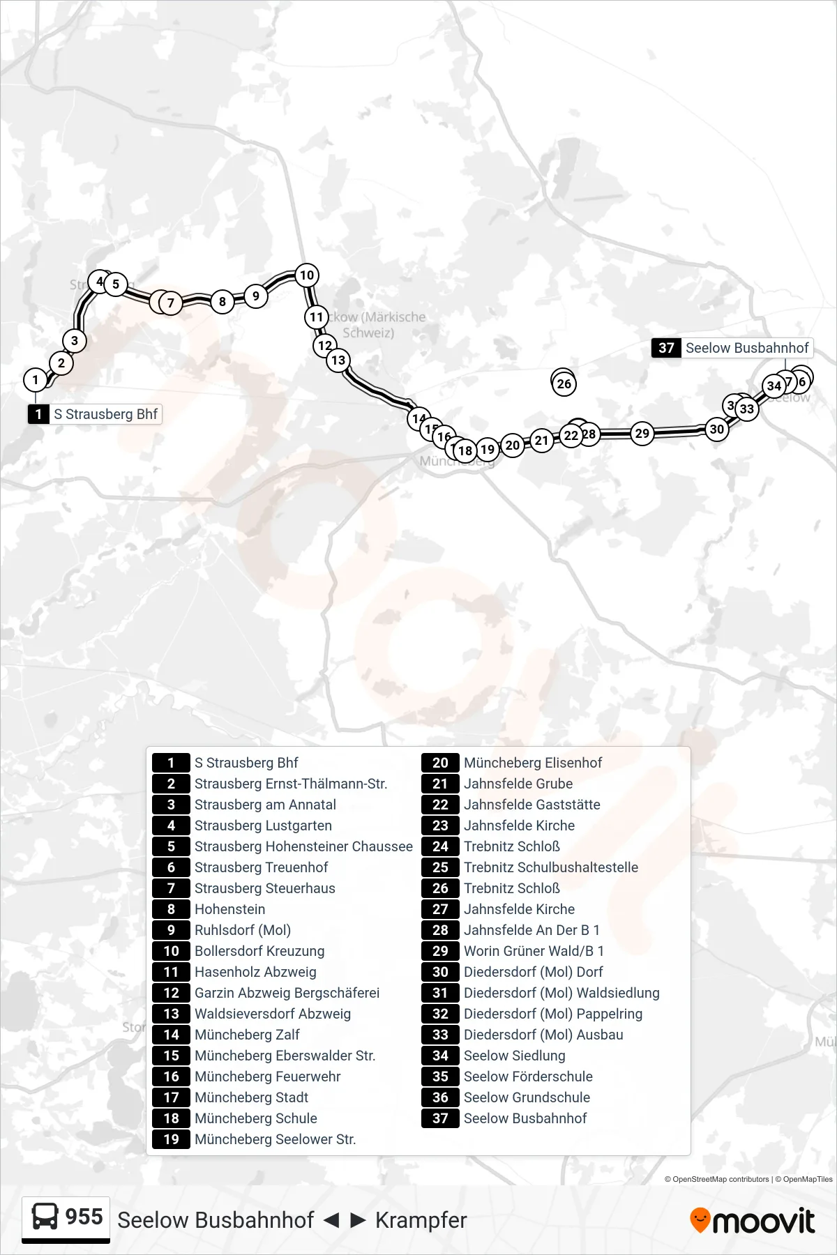 955 bus Line (Seelow Busbahnhof) route and stops on a map