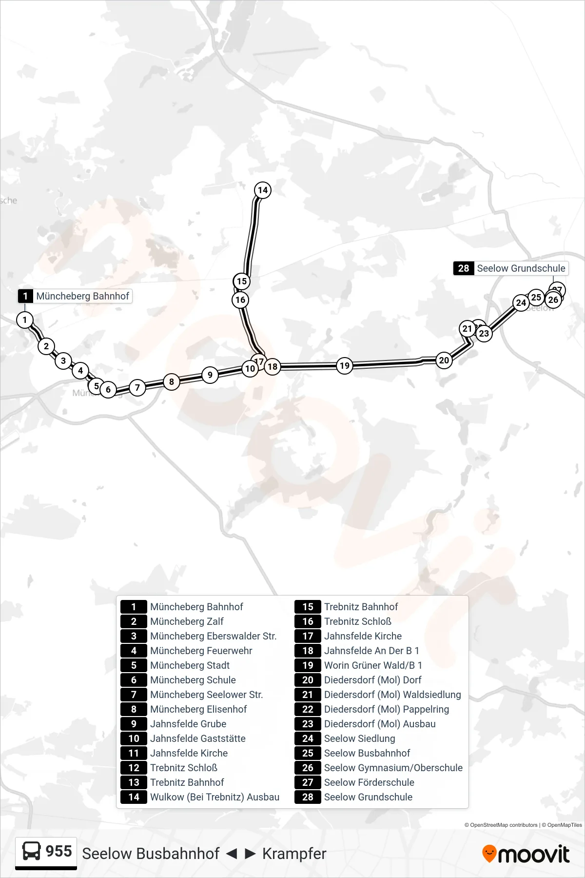 955 bus Line (Seelow Grundschule) route and stops on a map