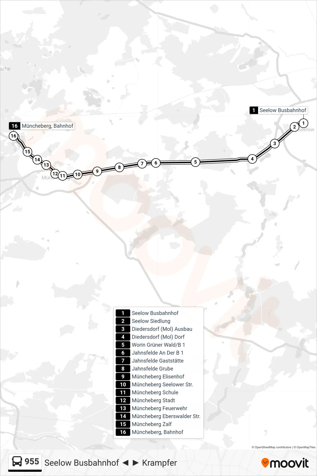 955 bus Line (Müncheberg Bahnhof) route and stops on a map