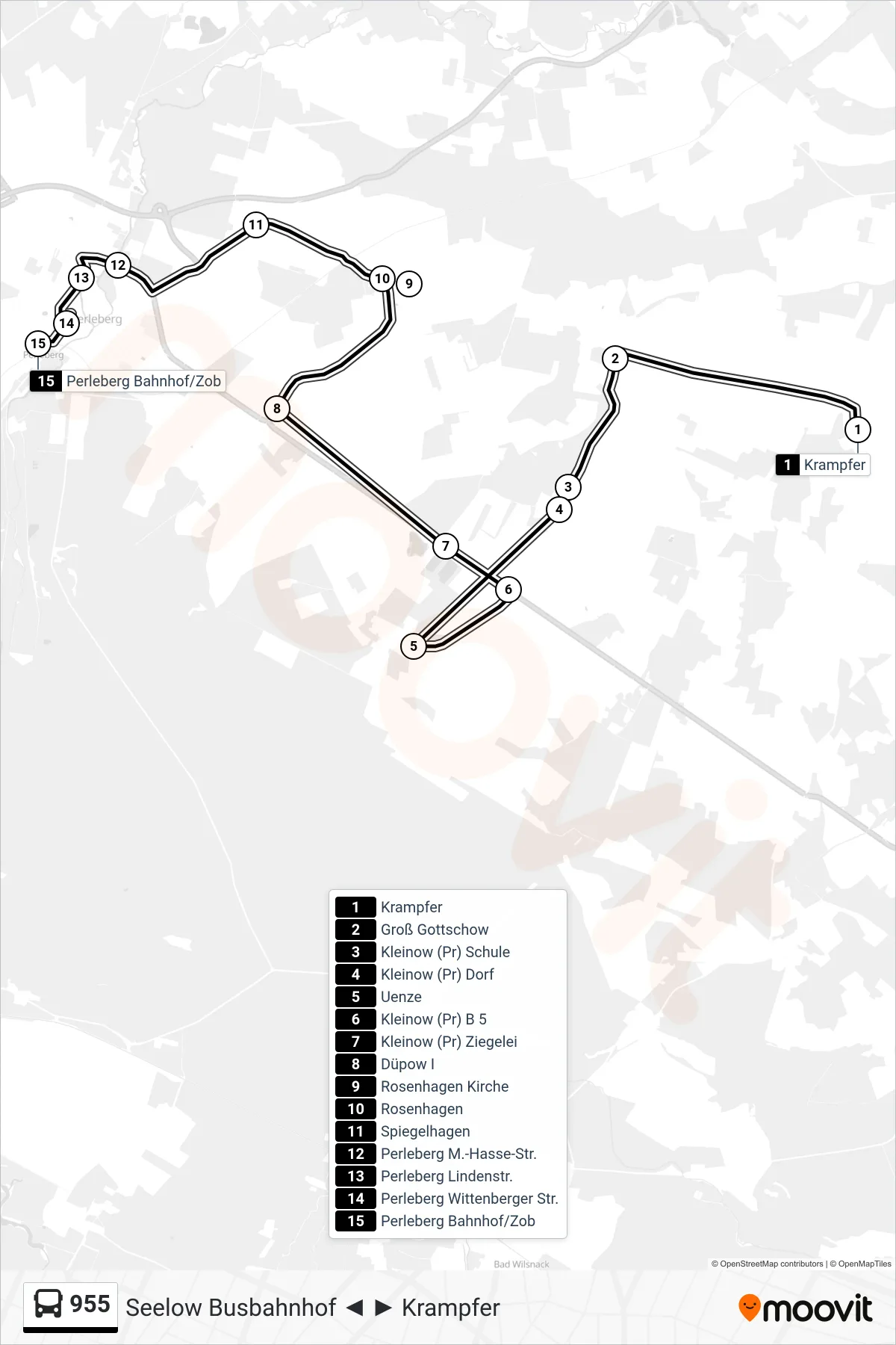 Linie 955 (Bus) Richtung Perleberg Bahnhof/Zob: Route und Haltestellen auf der Karte