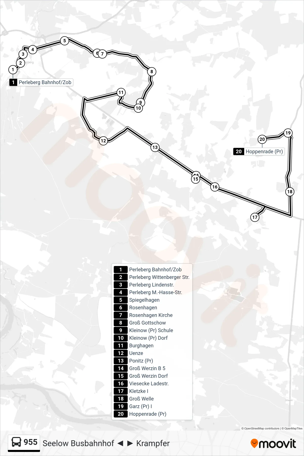 Linie 955 (Bus) Richtung Hoppenrade (Pr): Route und Haltestellen auf der Karte