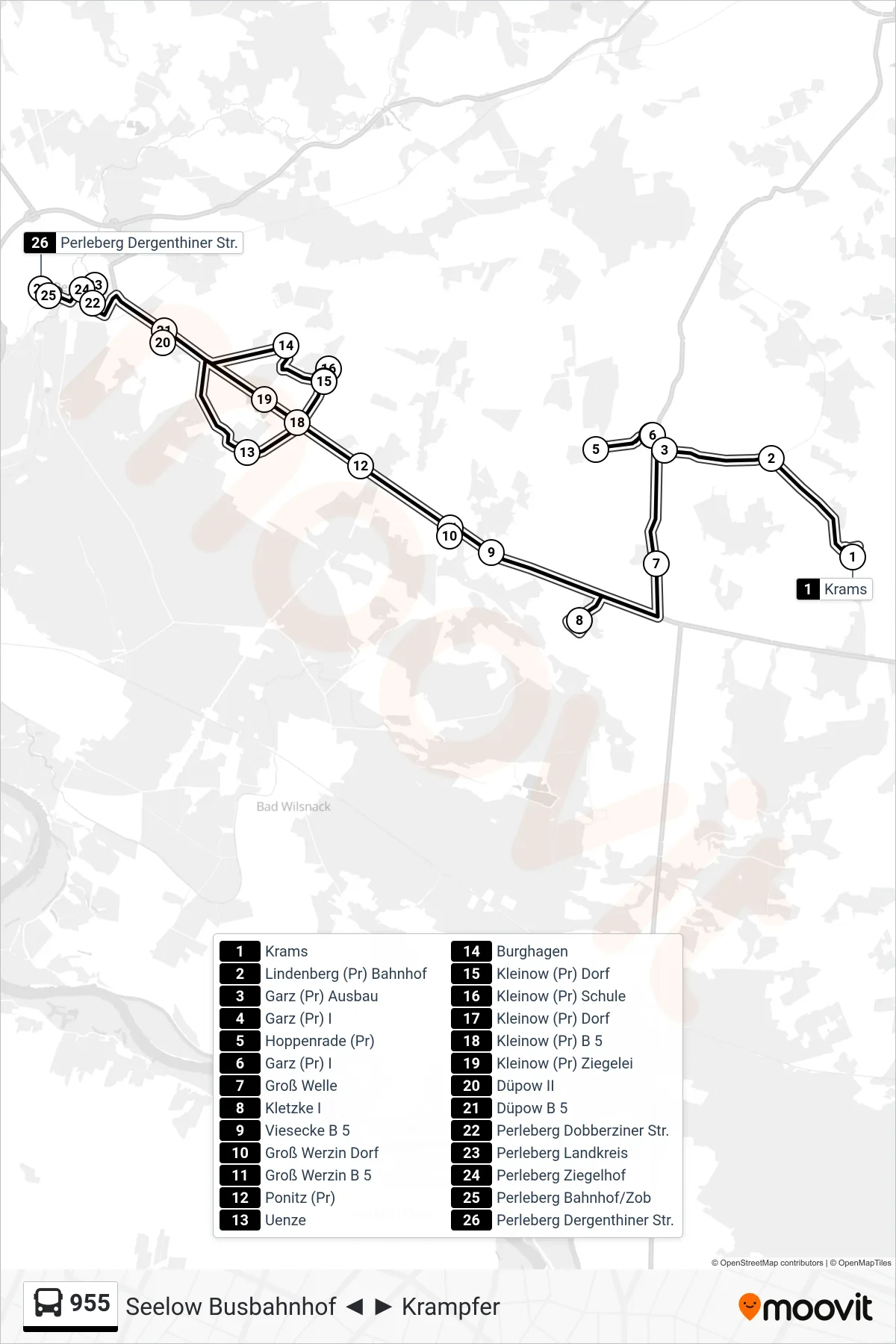 Linie 955 (Bus) Richtung Perleberg Dergenthiner Str.: Route und Haltestellen auf der Karte