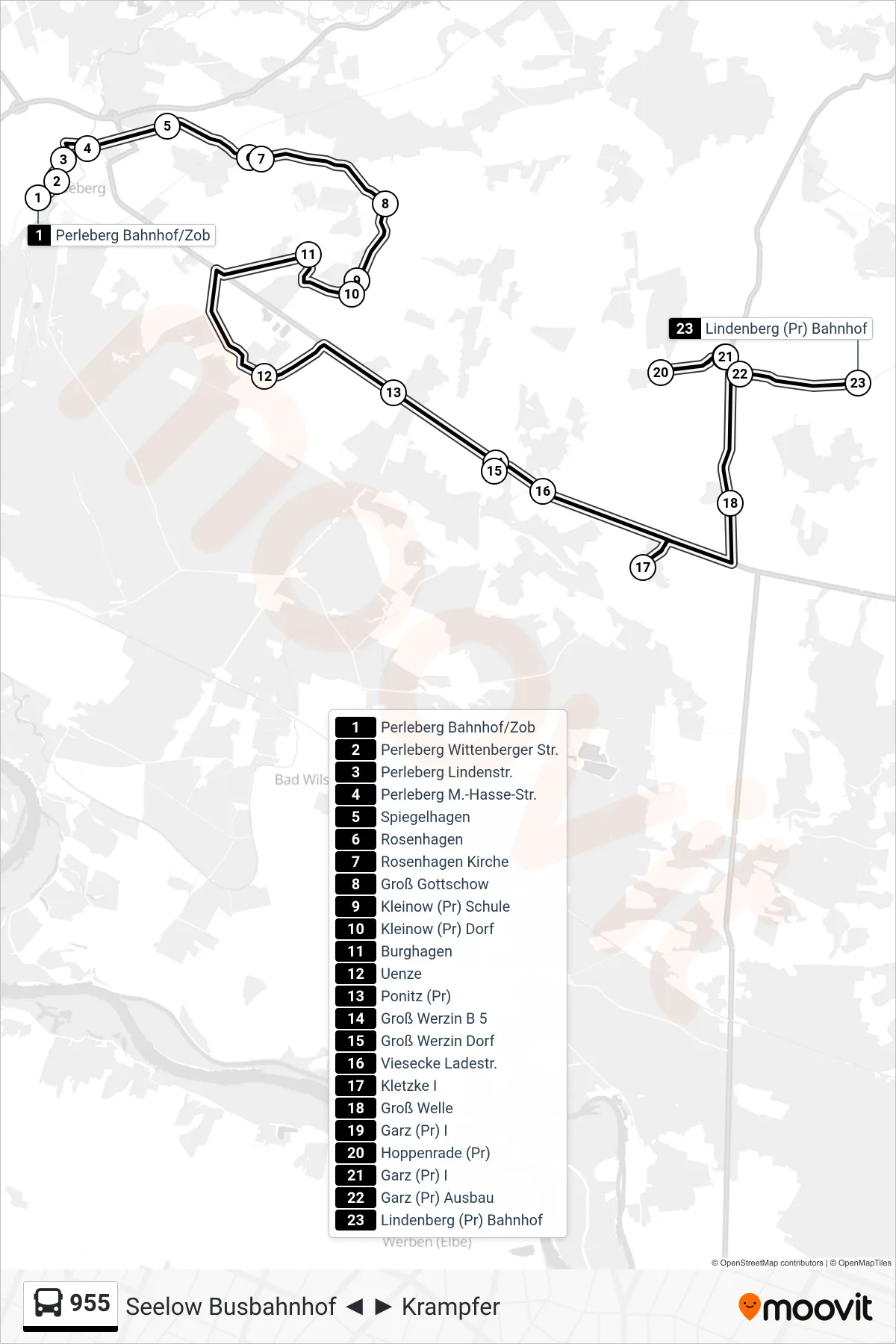 Linie 955 (Bus) Richtung Lindenberg (Pr) Bahnhof: Route und Haltestellen auf der Karte