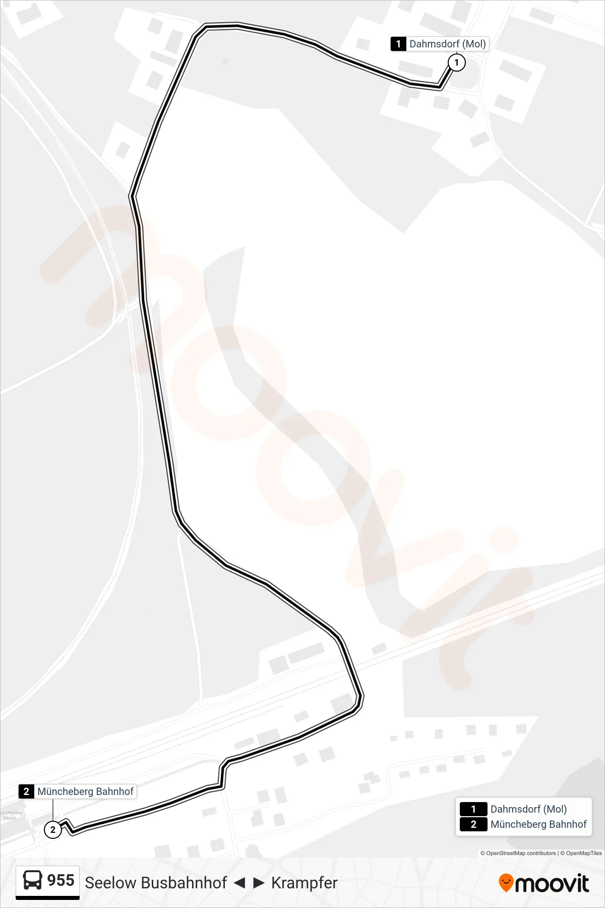 Linie 955 (Bus) Richtung Müncheberg Bahnhof: Route und Haltestellen auf der Karte