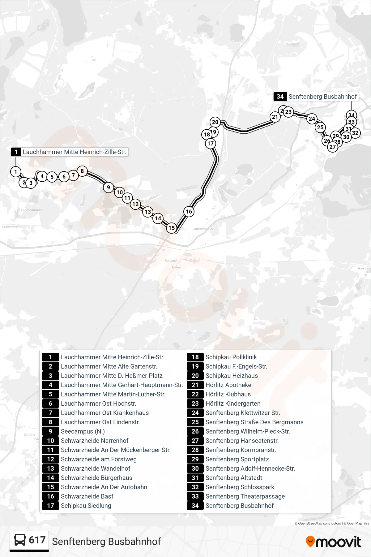 617 bus Line (Senftenberg Busbahnhof) route and stops on a map