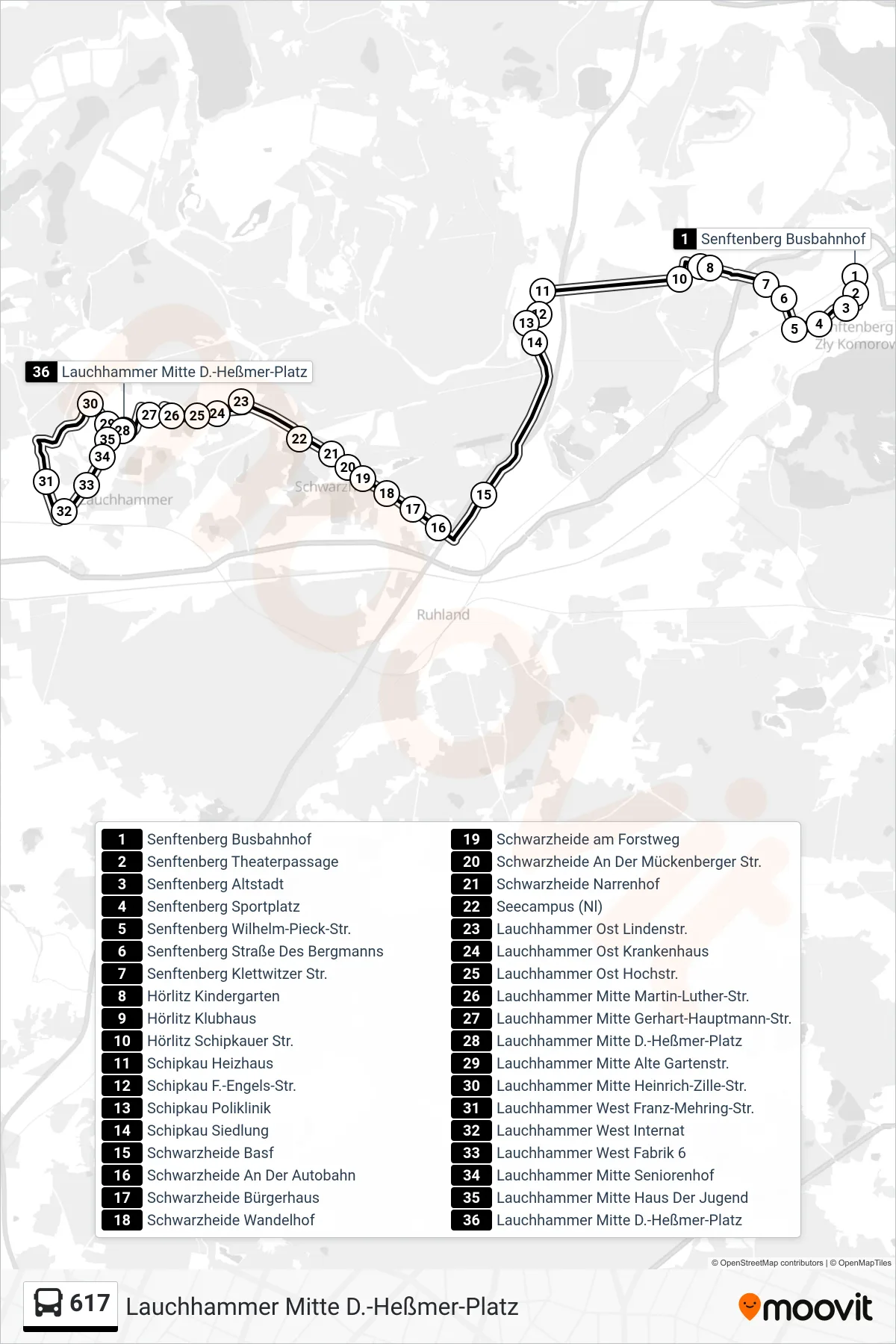 Linie 617 (Bus) Richtung Lauchhammer Mitte D.-Heßmer-Platz: Route und Haltestellen auf der Karte