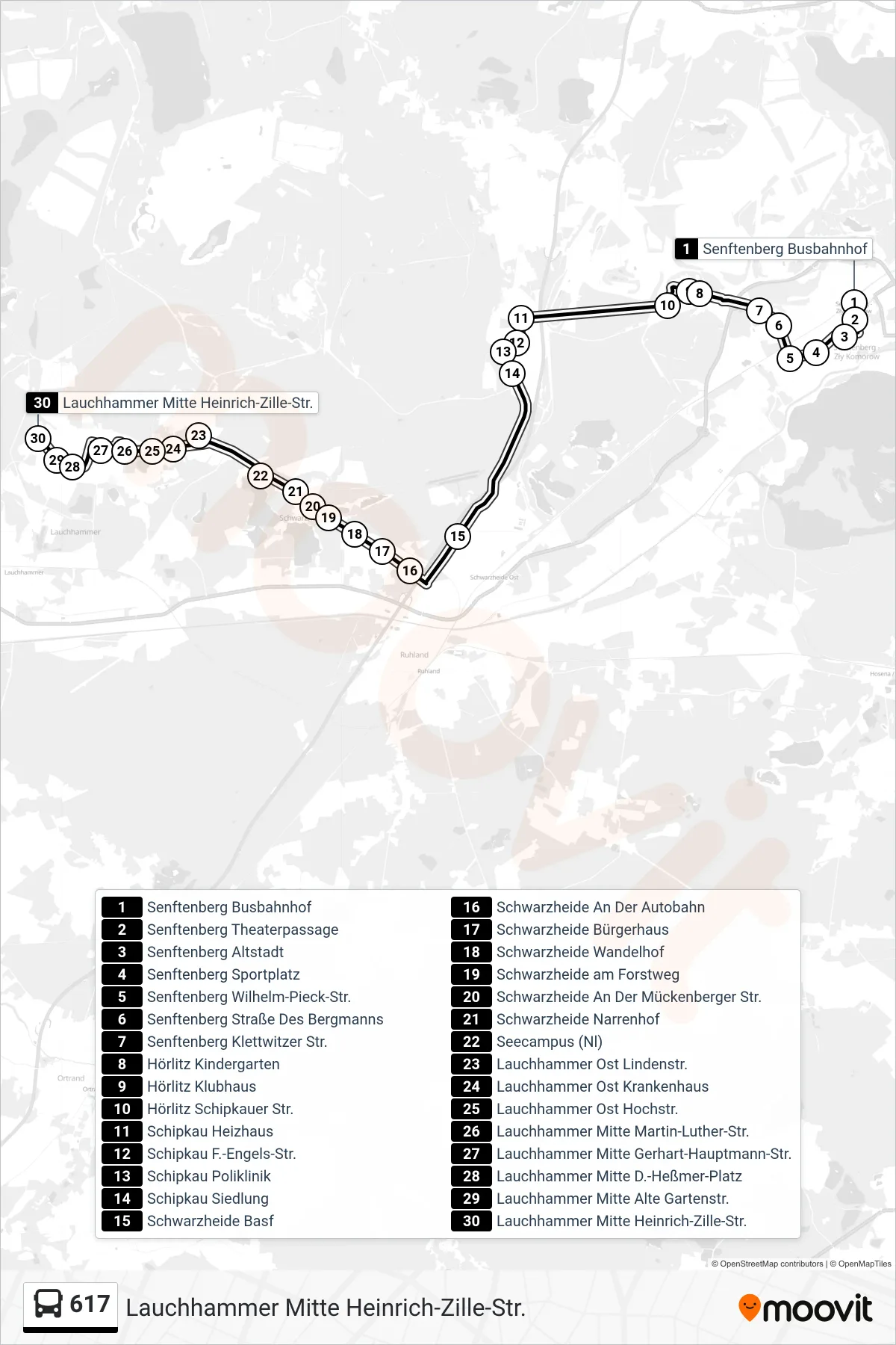 Linie 617 (Bus) Richtung Lauchhammer Mitte Heinrich-Zille-Str.: Route und Haltestellen auf der Karte