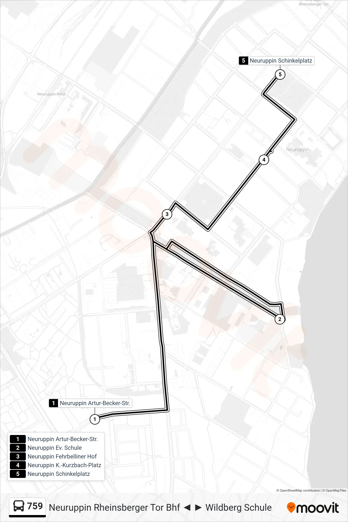 Linie 759 (Bus) Richtung Neuruppin Schinkelplatz: Route und Haltestellen auf der Karte