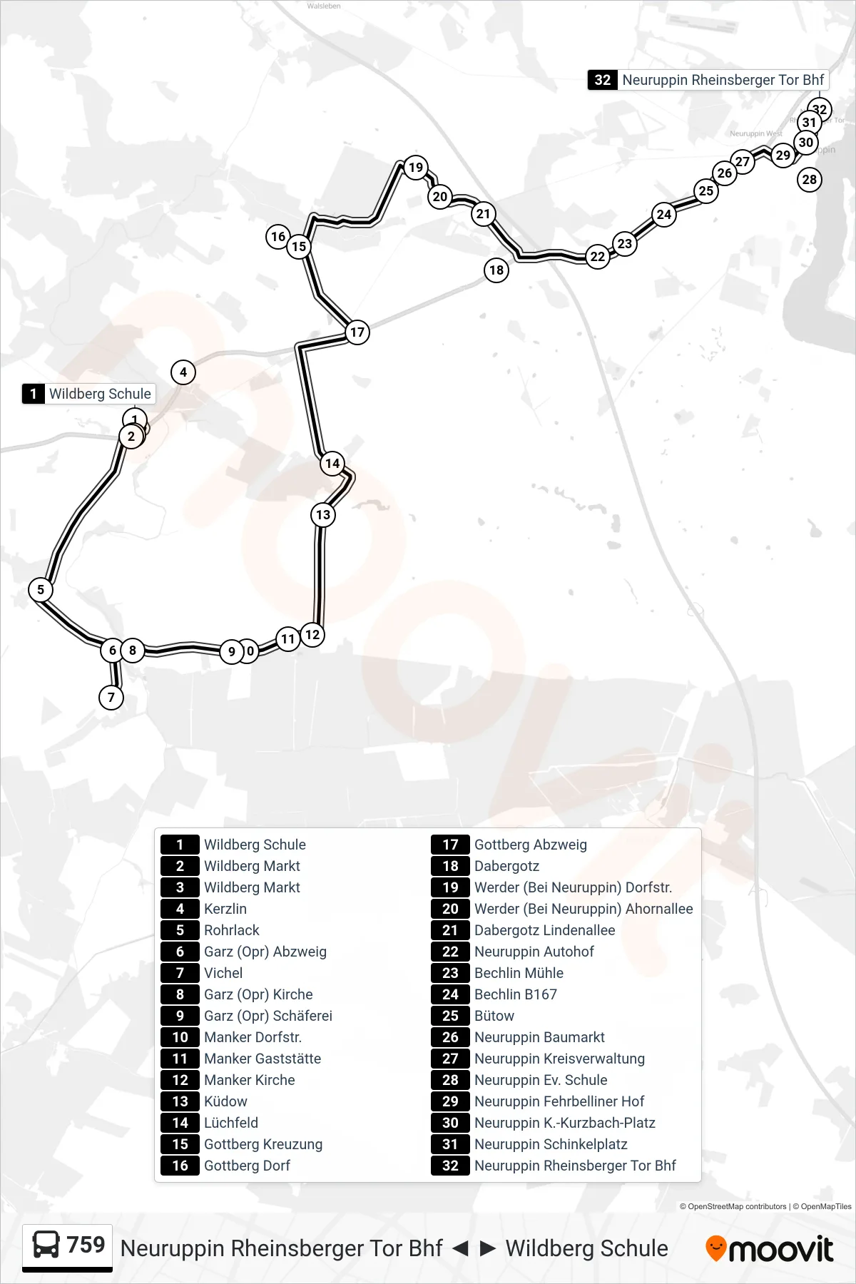 Linie 759 (Bus) Richtung Neuruppin Rheinsberger Tor Bhf: Route und Haltestellen auf der Karte