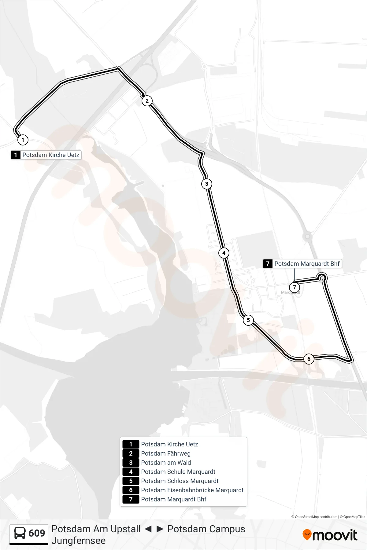 Linie 609 (Bus) Richtung Potsdam Marquardt Bhf: Route und Haltestellen auf der Karte