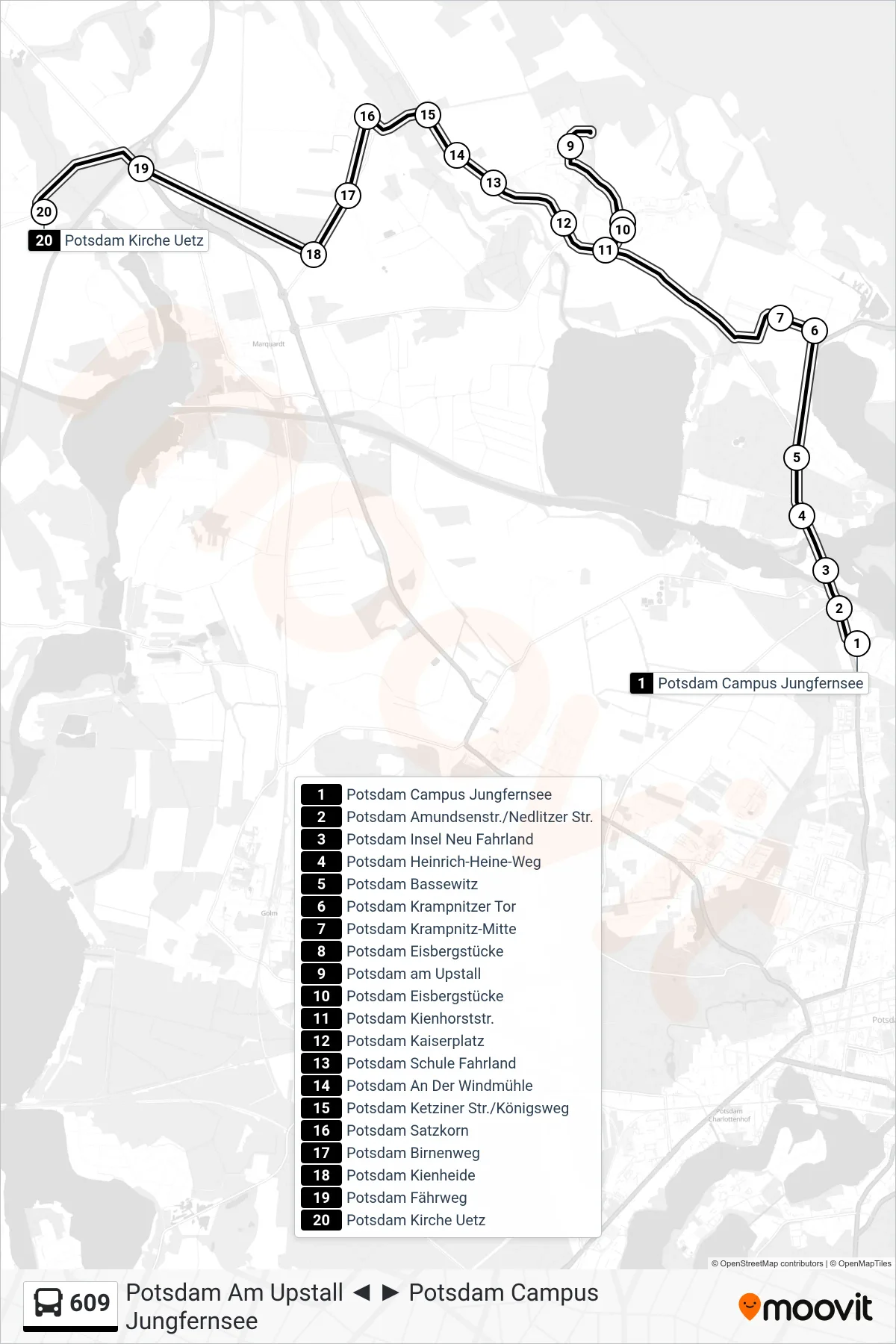 609 bus Line (Potsdam Kirche Uetz) route and stops on a map