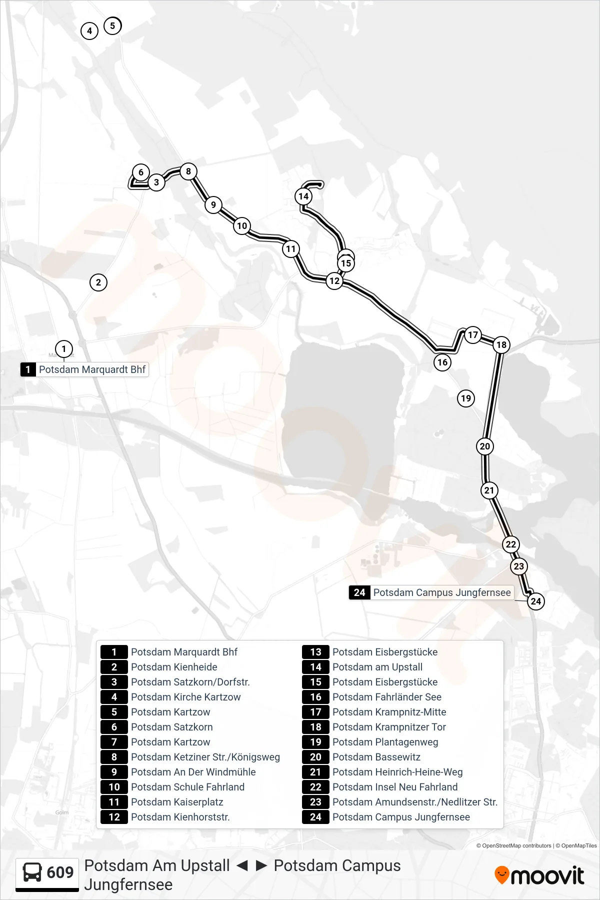 Linie 609 (Bus) Richtung Potsdam Campus Jungfernsee: Route und Haltestellen auf der Karte