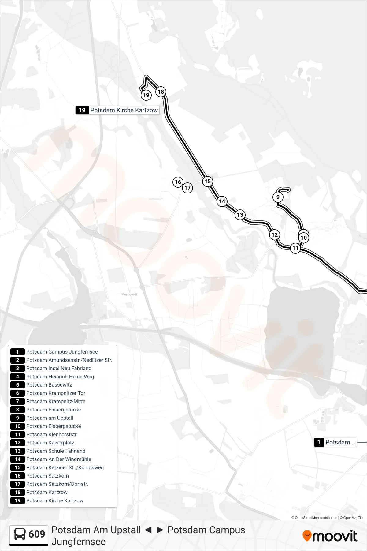Linie 609 (Bus) Richtung Potsdam Kirche Kartzow: Route und Haltestellen auf der Karte